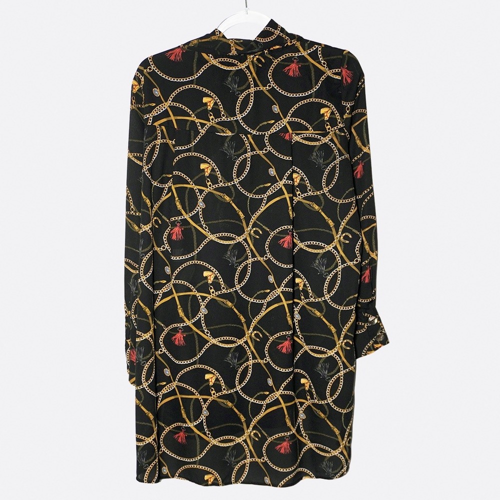 Zara Black Equestrian Chain Tassel Print Tie-Neck Blouse 0X Large Old Money - Picture 3 of 9
